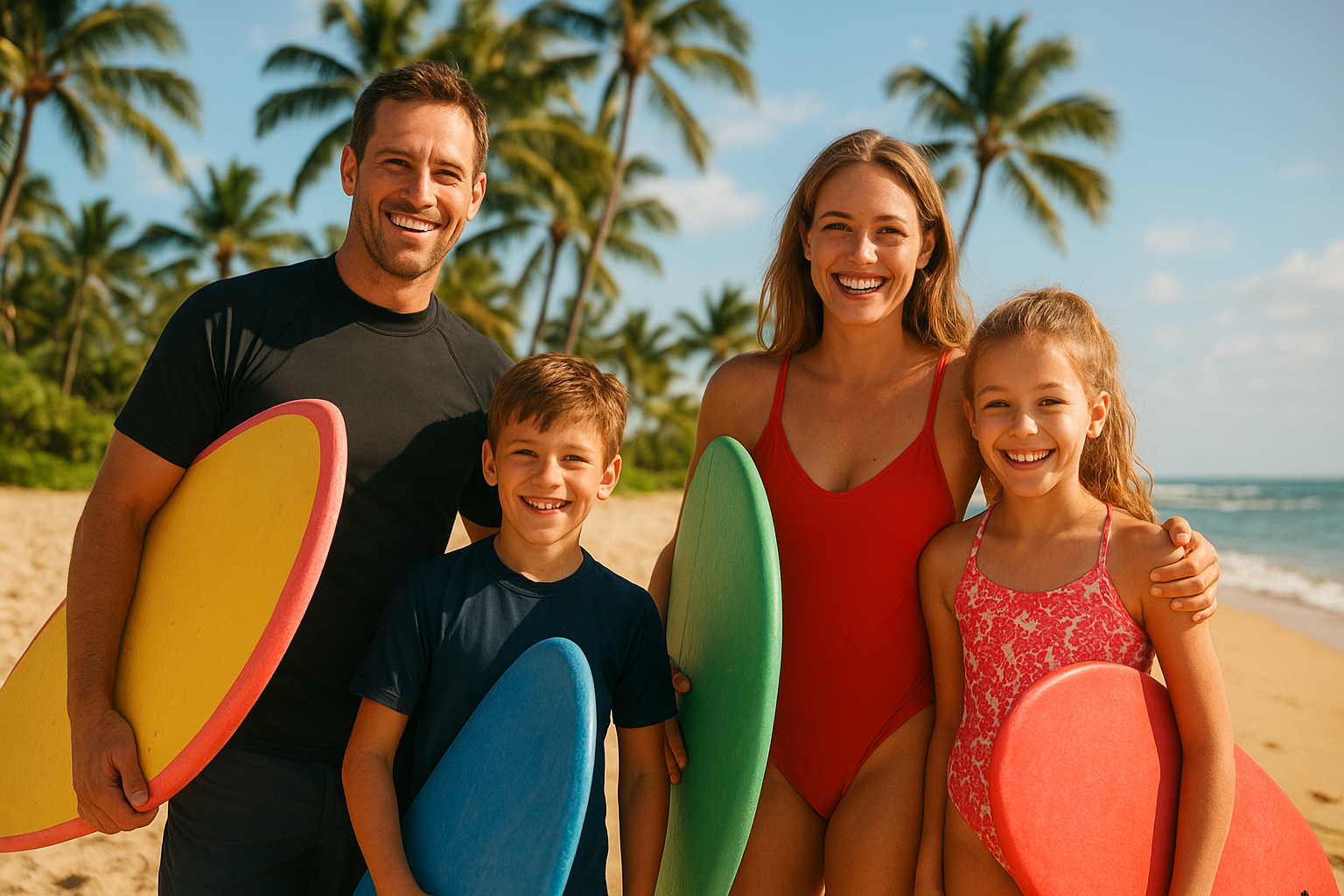Family holding foam surfboards before a family surf lesson package at a Waikiki beach school