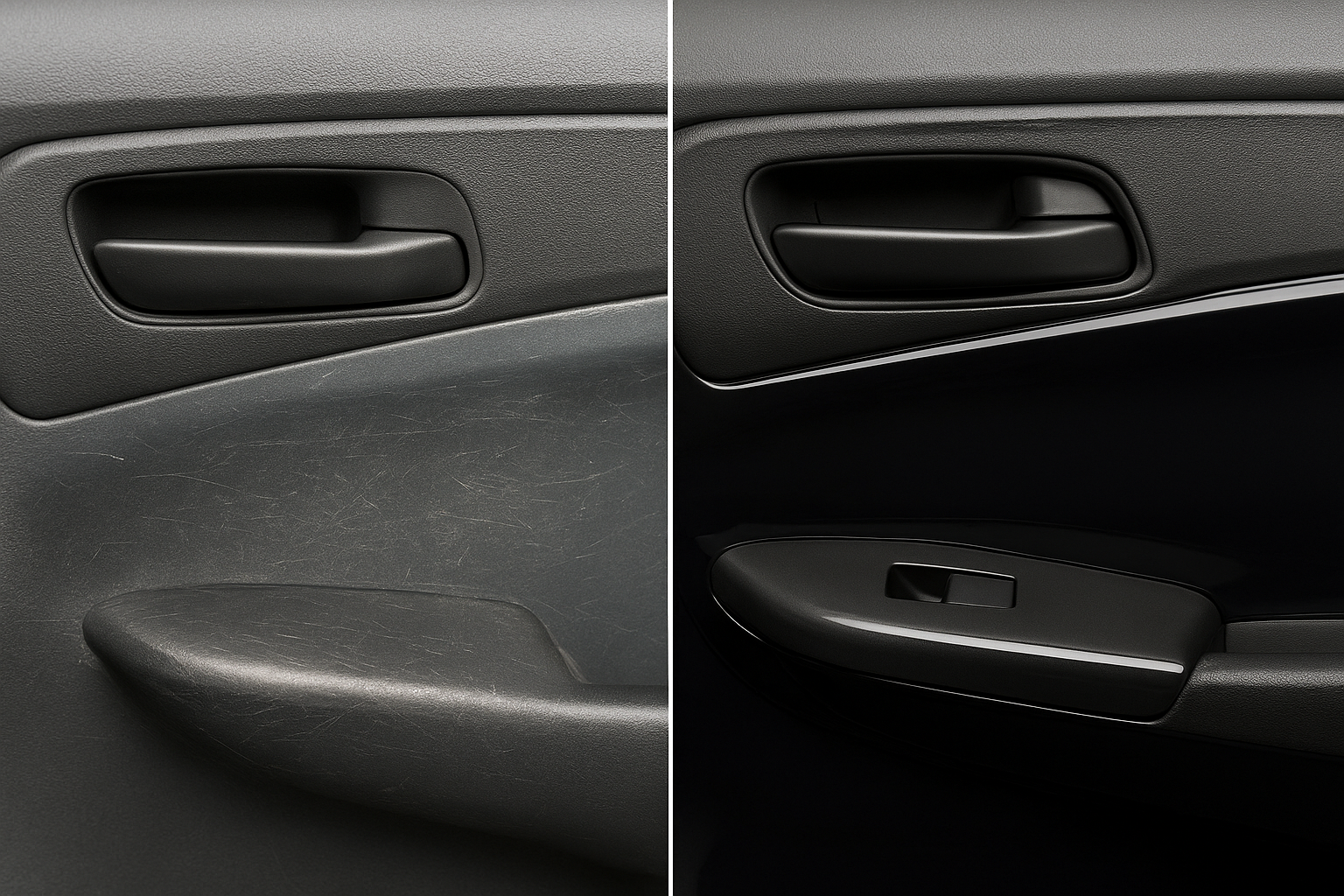 Before and after comparison showing high-quality paint repair Brea results on a car door panel