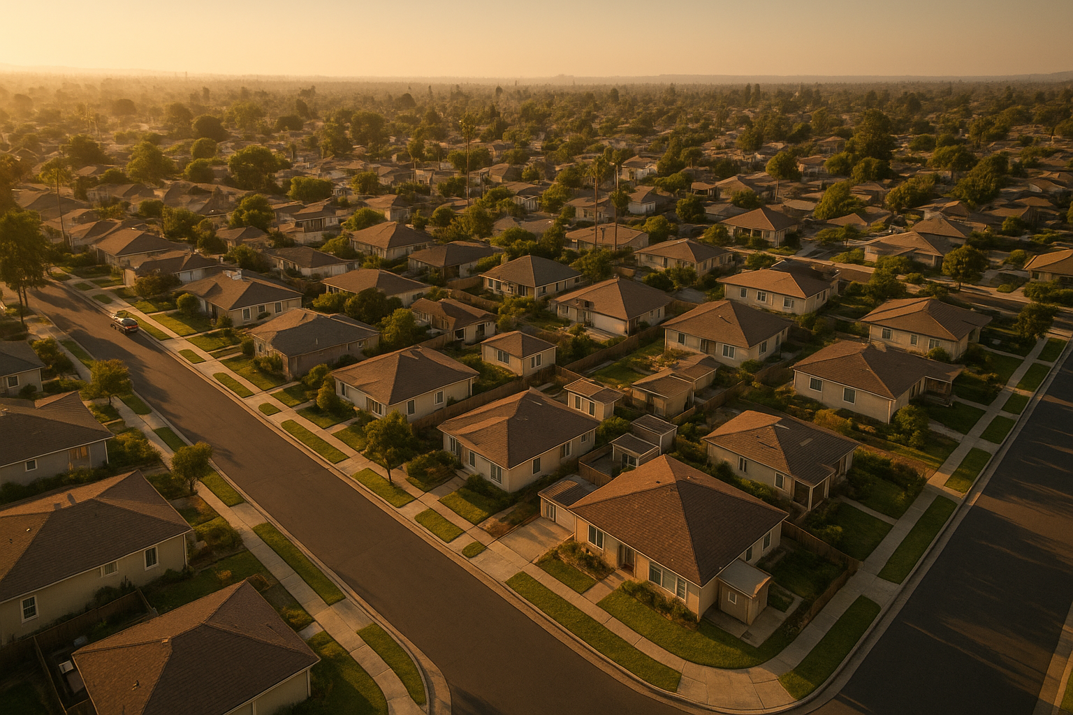 Aerial view of Southern California neighborhood with backyard ADU additions