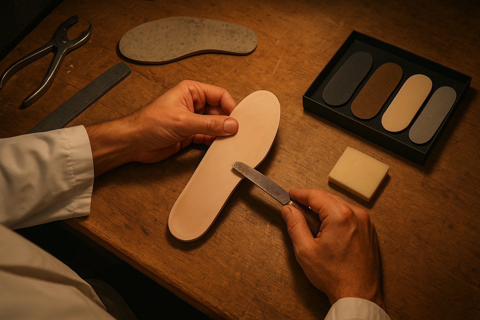Lab technician fabricating a custom athletic orthotic from a foot mold