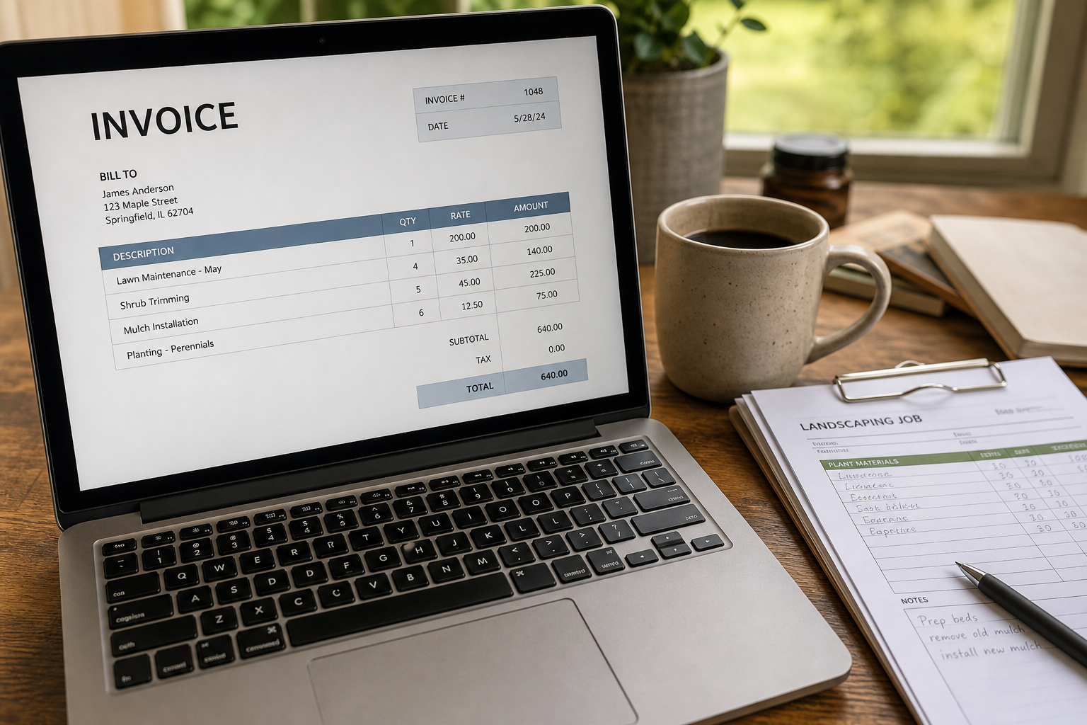 Close-up of a laptop showing an online invoice next to printed landscaping job paperwork on a desk