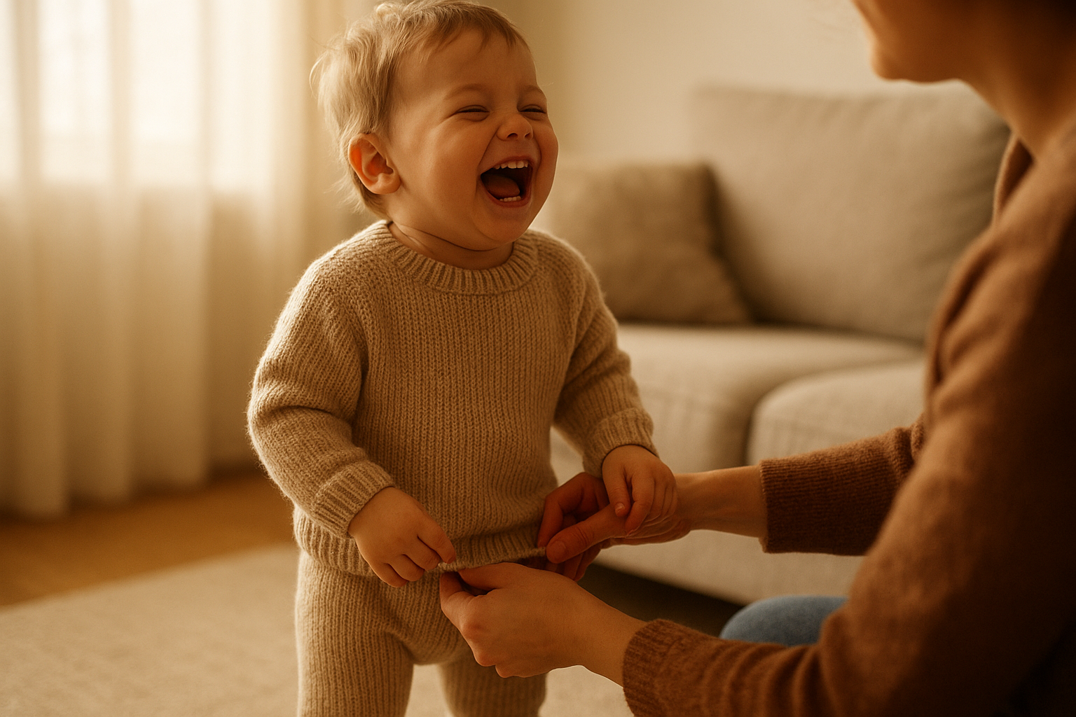 Parent dressing a toddler in rotating wardrobe pieces from a clothing rental plan