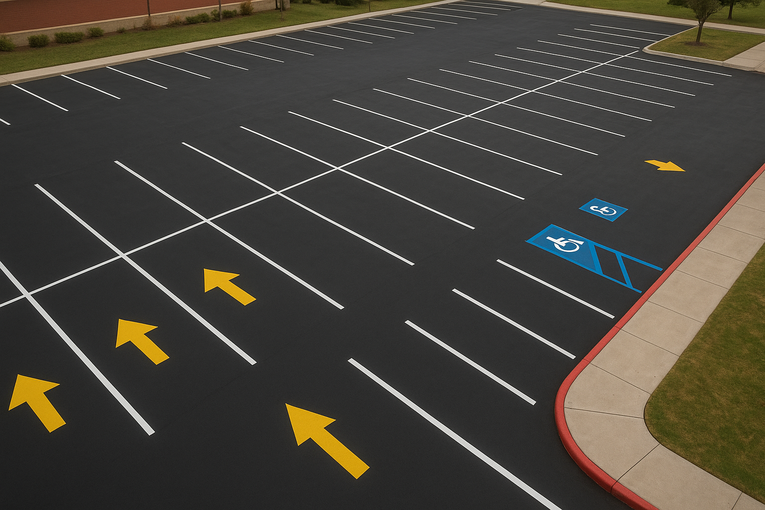 Aerial view of school parking lot striping with ADA stalls, fire lane, and directional arrows