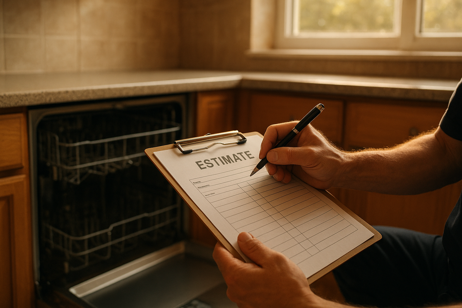 written repair estimate being reviewed after a dishwasher service call