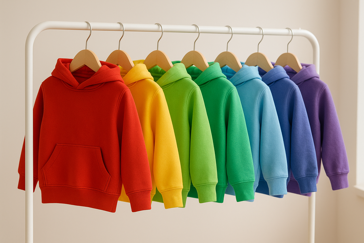 Rack of colorful children's hoodies displayed for a bulk custom apparel order