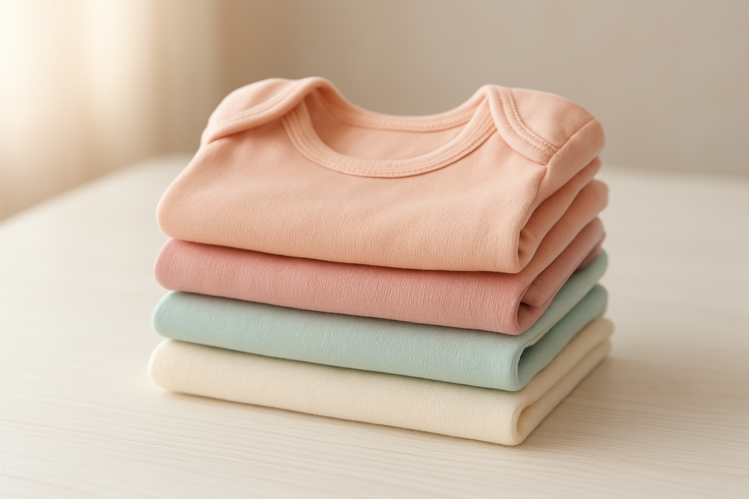 Curated high-end baby clothing subscription items neatly folded on a white surface