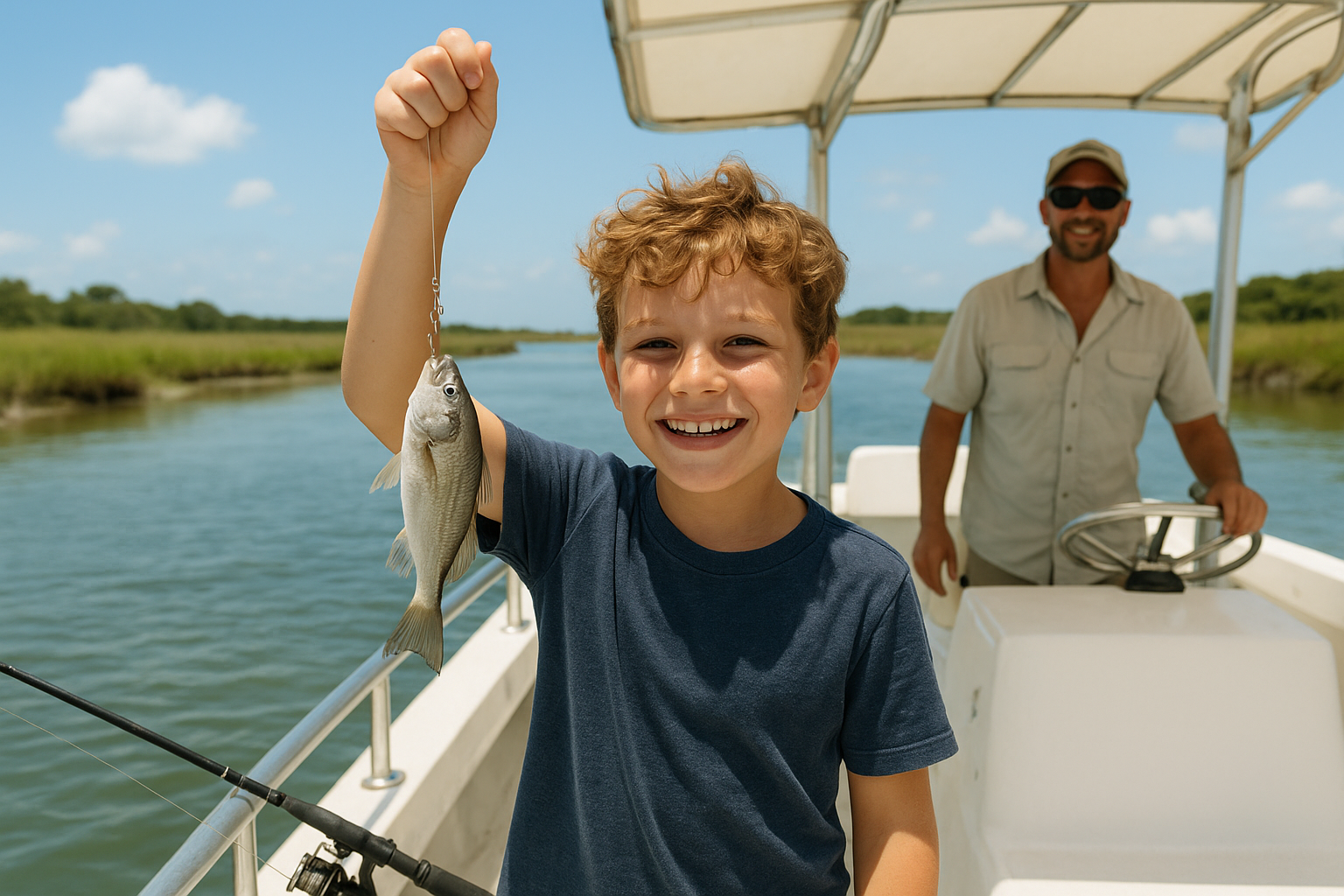 Young angler proudly holding a fish caught during a backwater creek fishing lesson