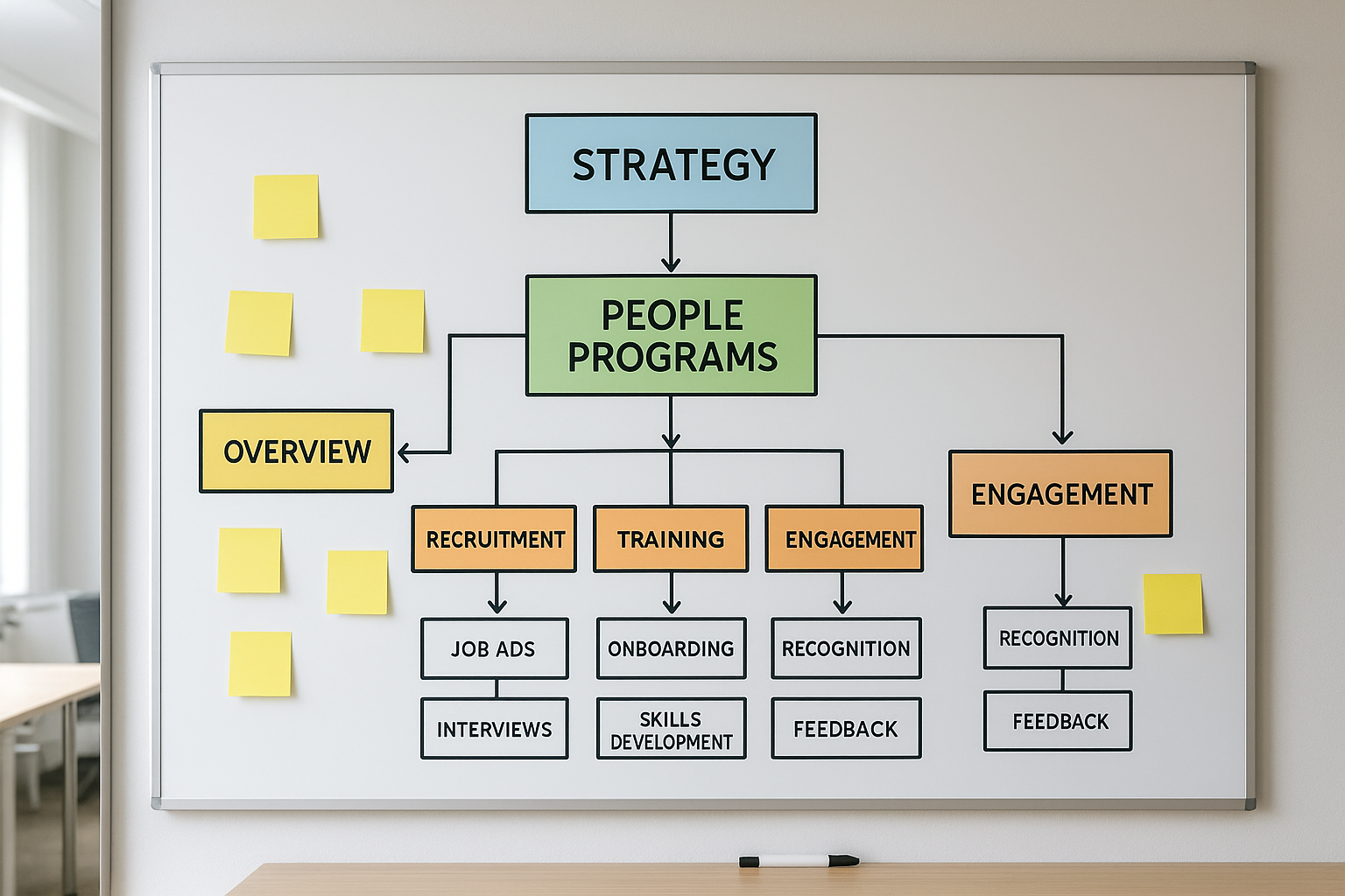 Whiteboard showing an organizational development framework with color-coded strategy sections