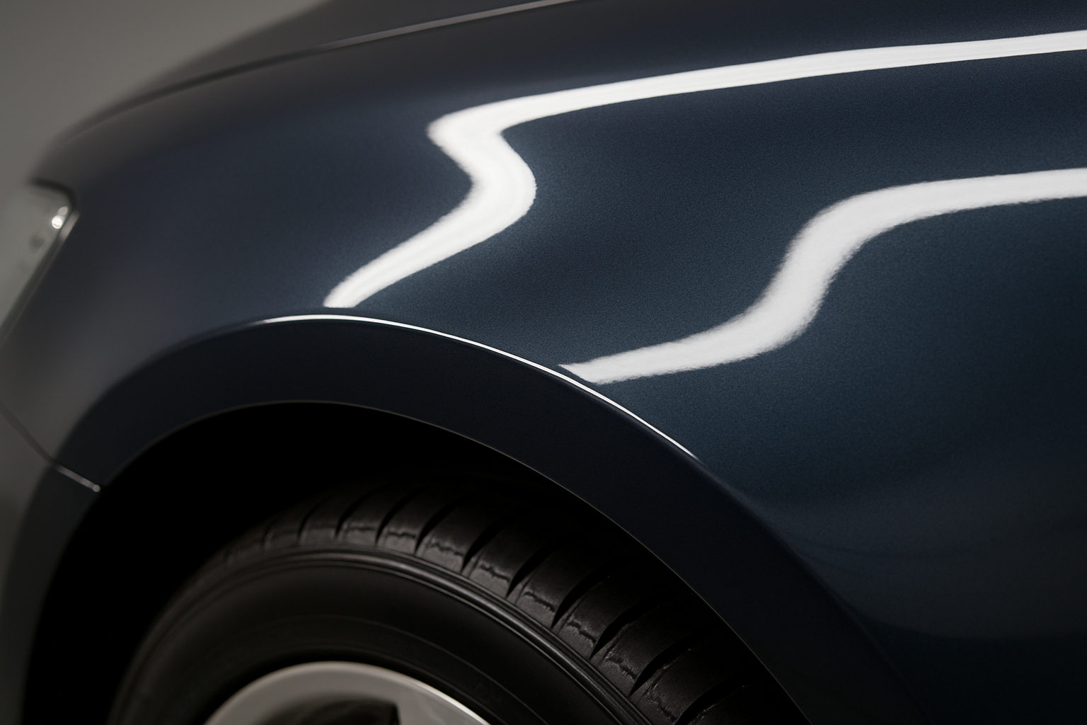 Close-up of a seamlessly blended fender after professional paint restoration