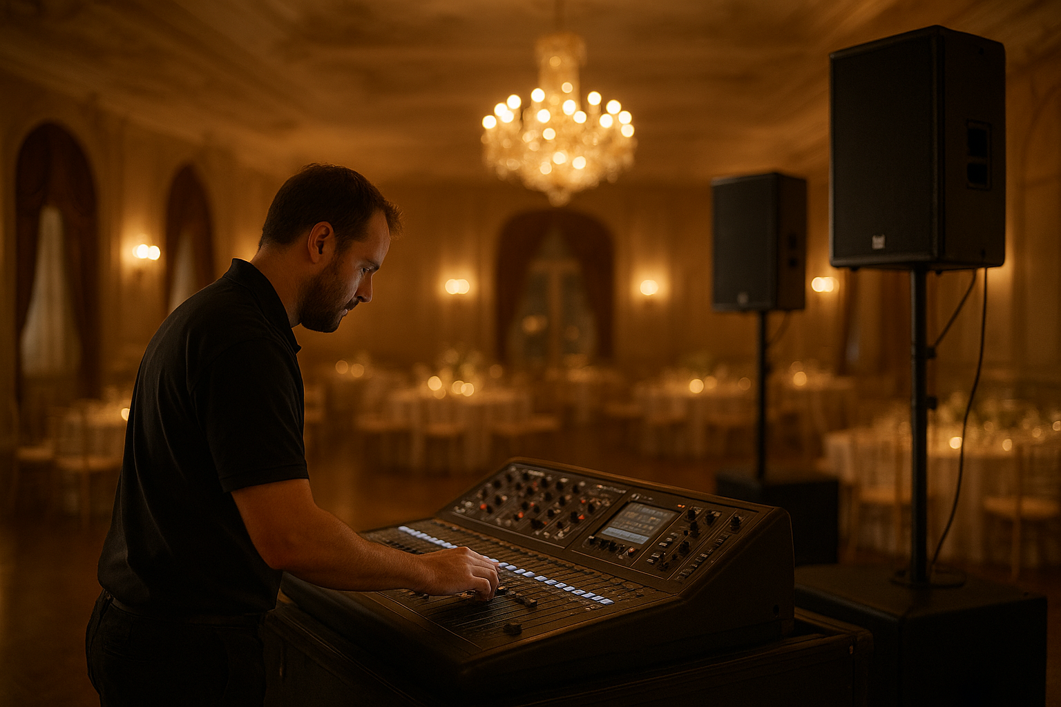 Technician preparing professional AV equipment hire gear in an event ballroom