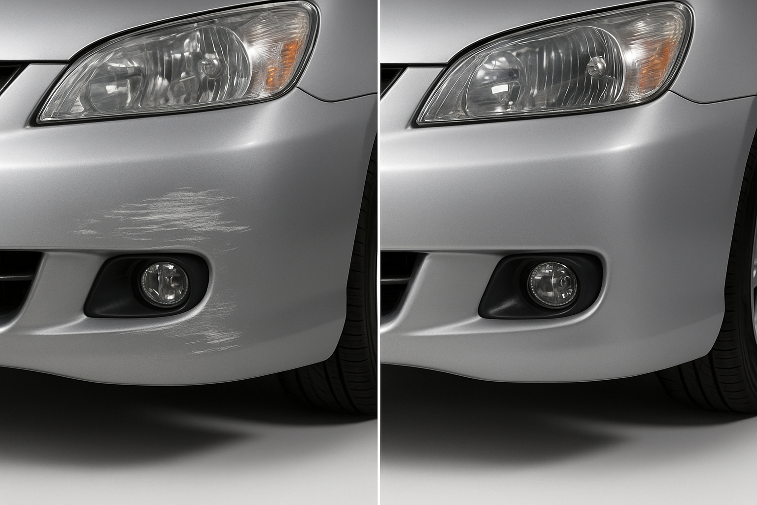 Before and after bumper scuff repair showing restored car finish after minor auto body repair