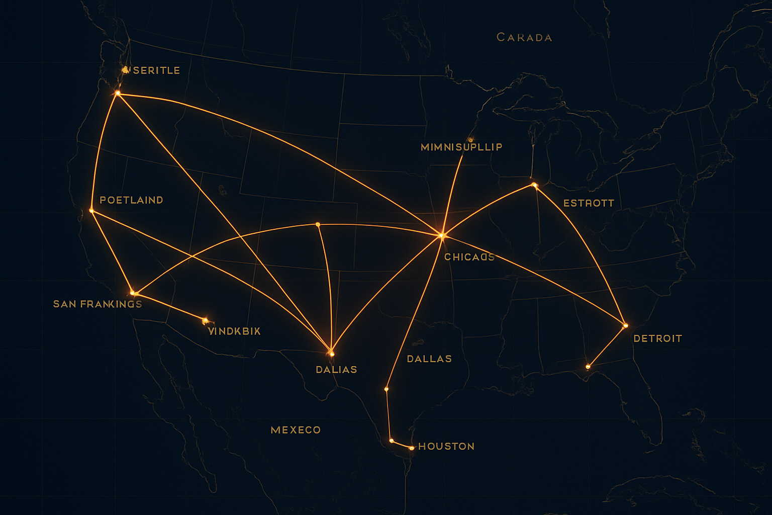 Freight route map showing LTL and truckload lanes across the United States, Canada, and Mexico