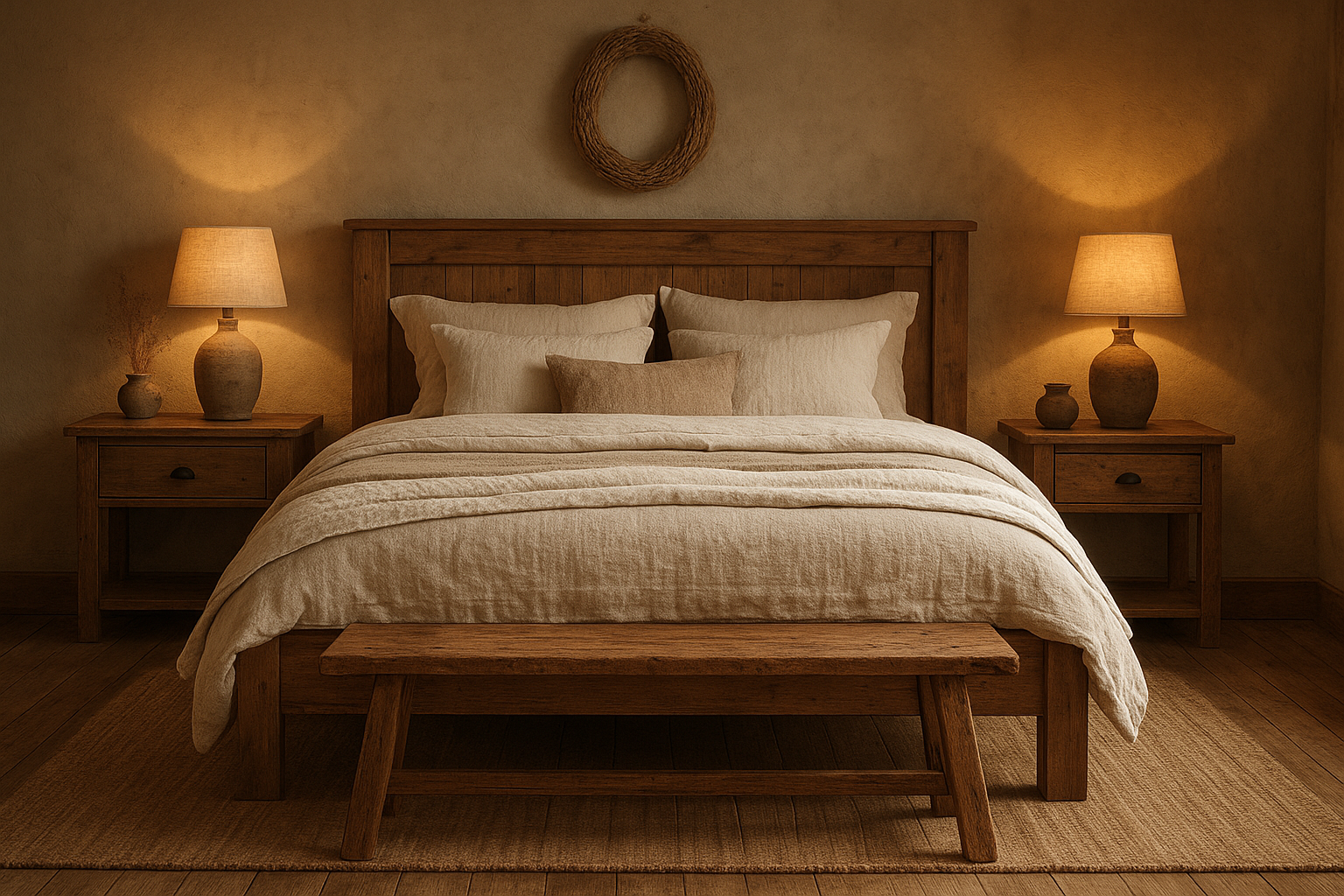 Styled rustic bedroom set with solid wood bed and matching bench at the foot of the bed