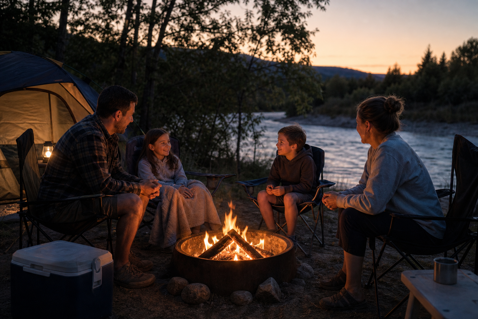 Family relaxing at a riverfront campsite with a tent and camp chairs at dusk