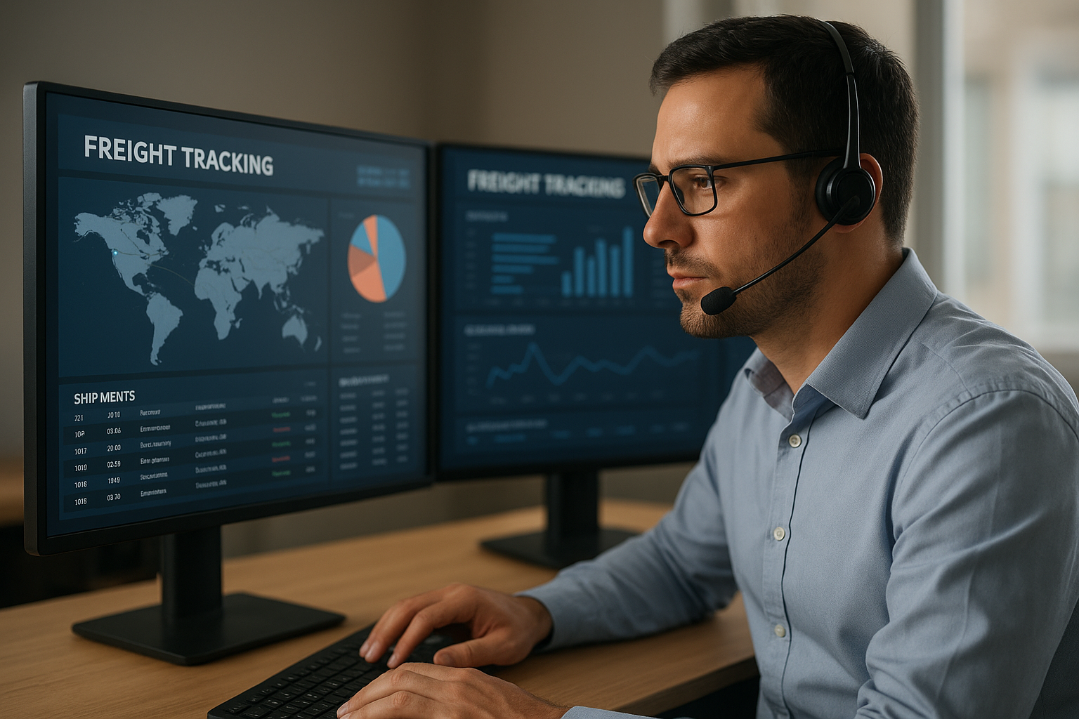 Freight agent coordinating shipments with shipping companies and carriers using tracking software