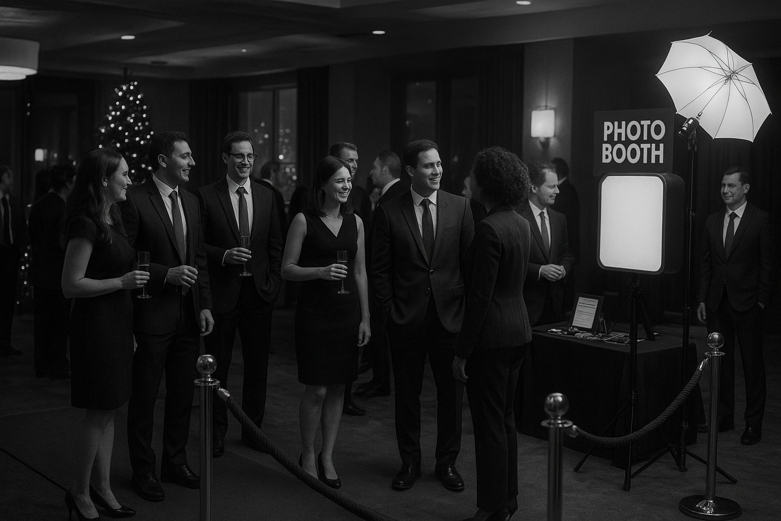 Corporate holiday party guests using a monochrome photo booth setup with red carpet entrance