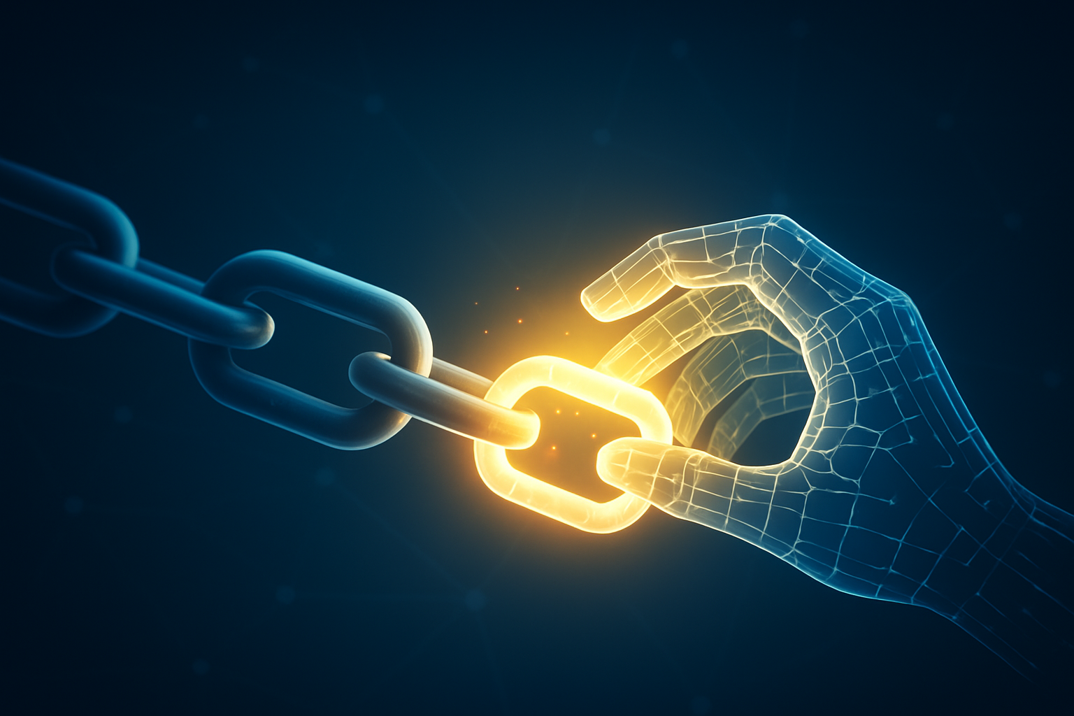 Abstract illustration of a broken chain link being repaired, representing broken link testing and fixing