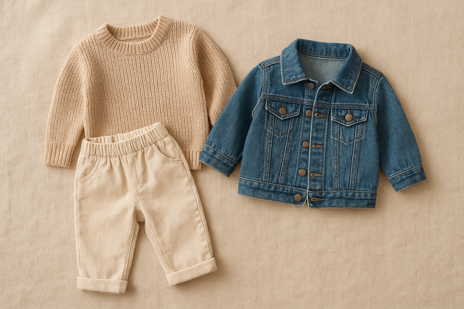 Flat lay of premium apparel for kids including knit sweater and organic cotton trousers