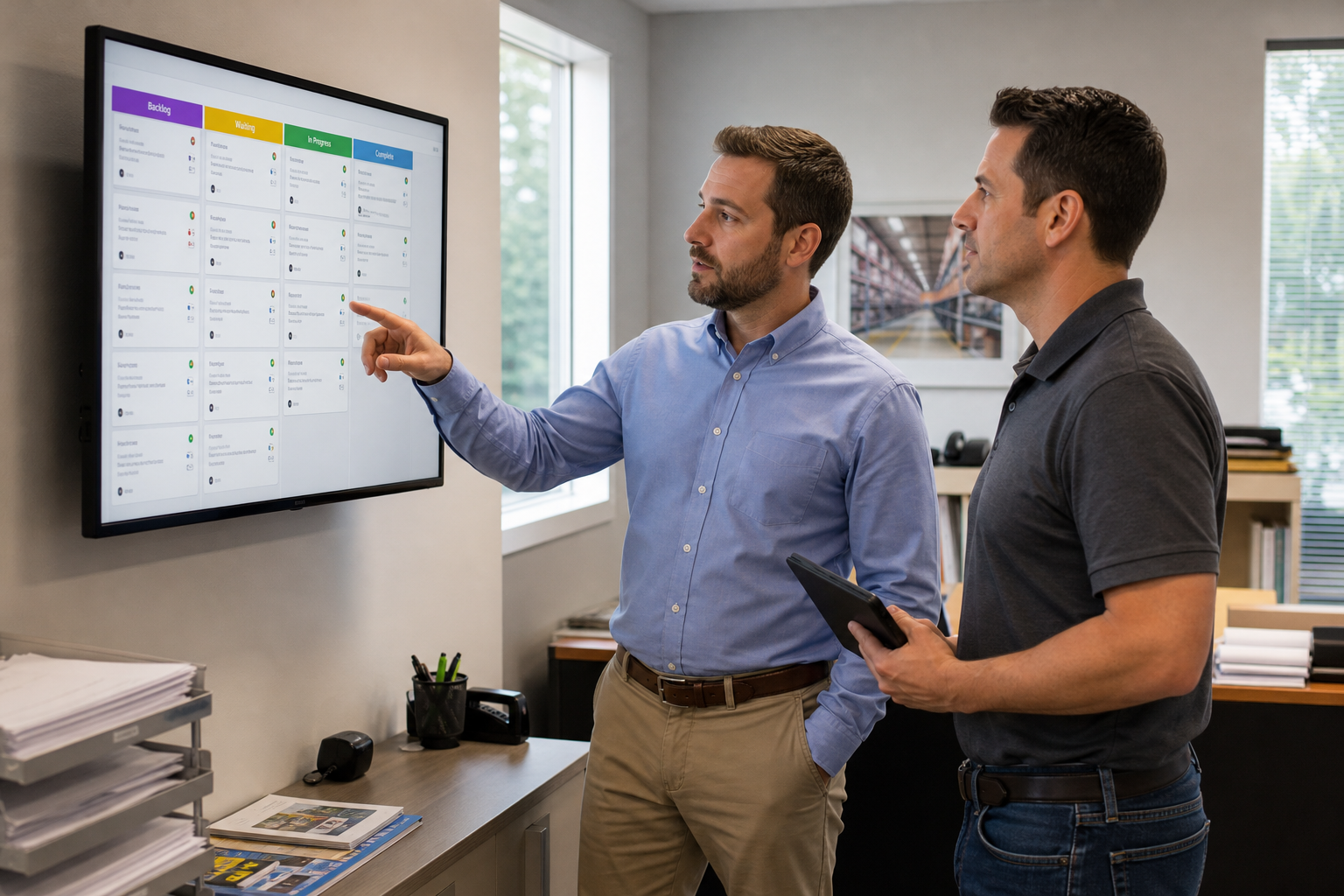 Office and sales staff reviewing a production job board connected to contractor estimating software