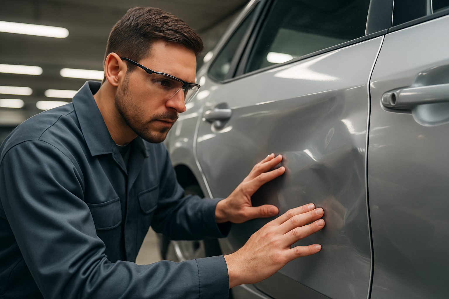 ASE certified collision technician inspecting vehicle door panel for structural damage in a professional auto body shop