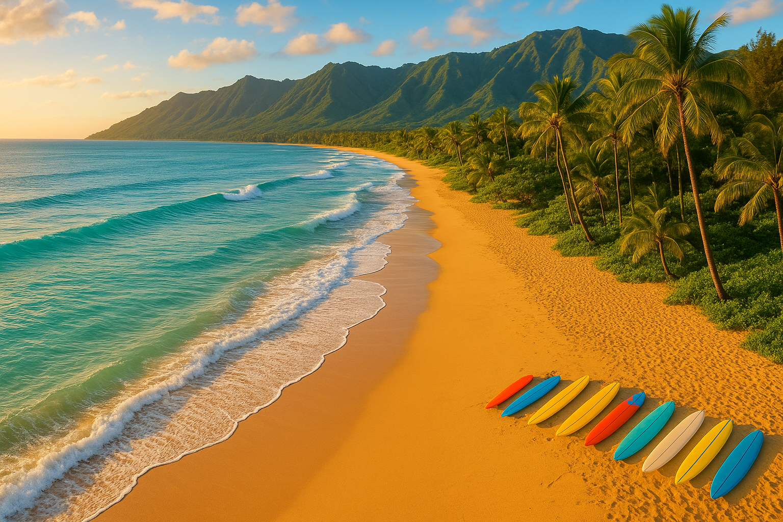 Scenic Hawaiian beach with gentle waves ideal for beginner wave riding lessons and surf instruction