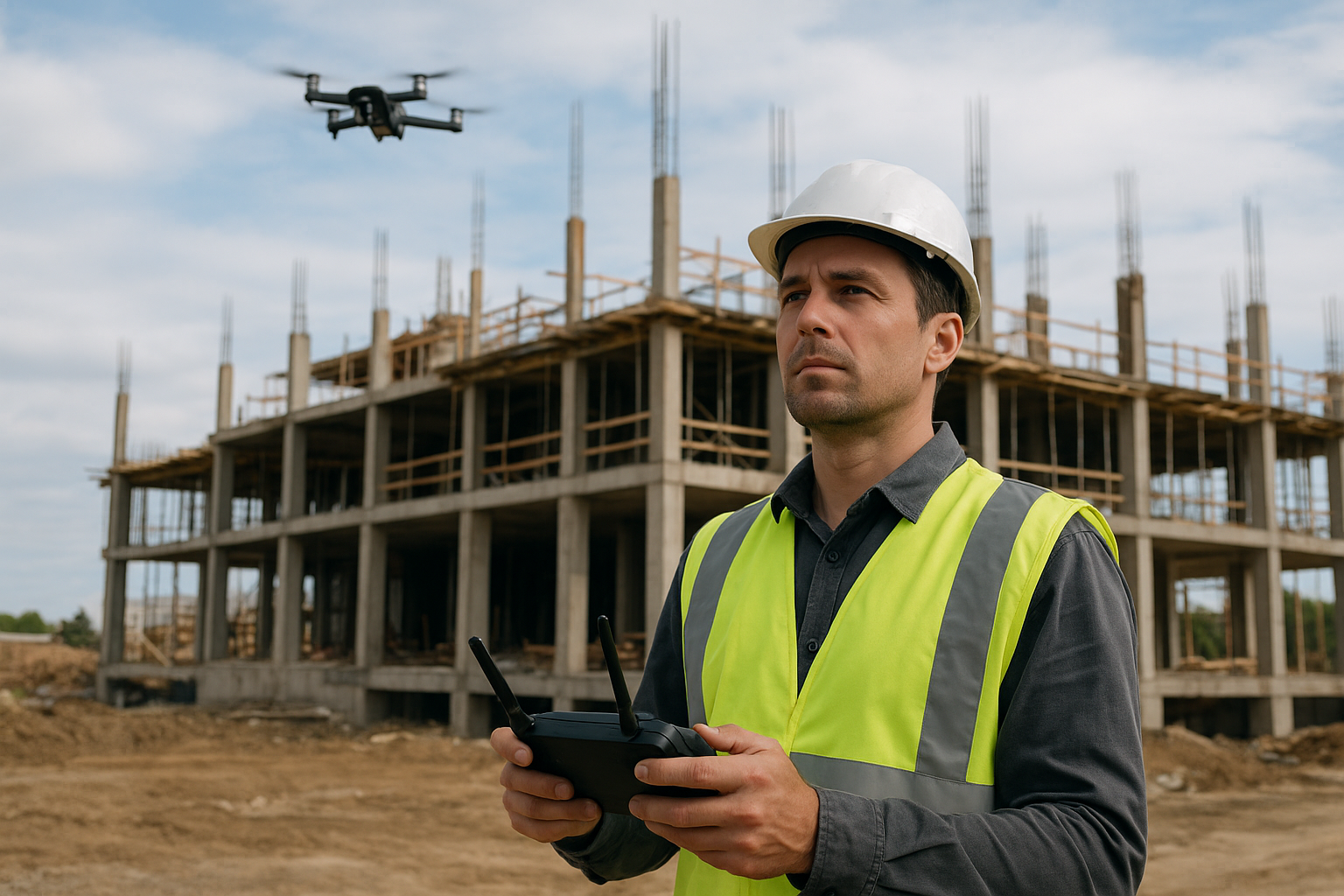 Drone operator monitoring construction progress with an aerial camera