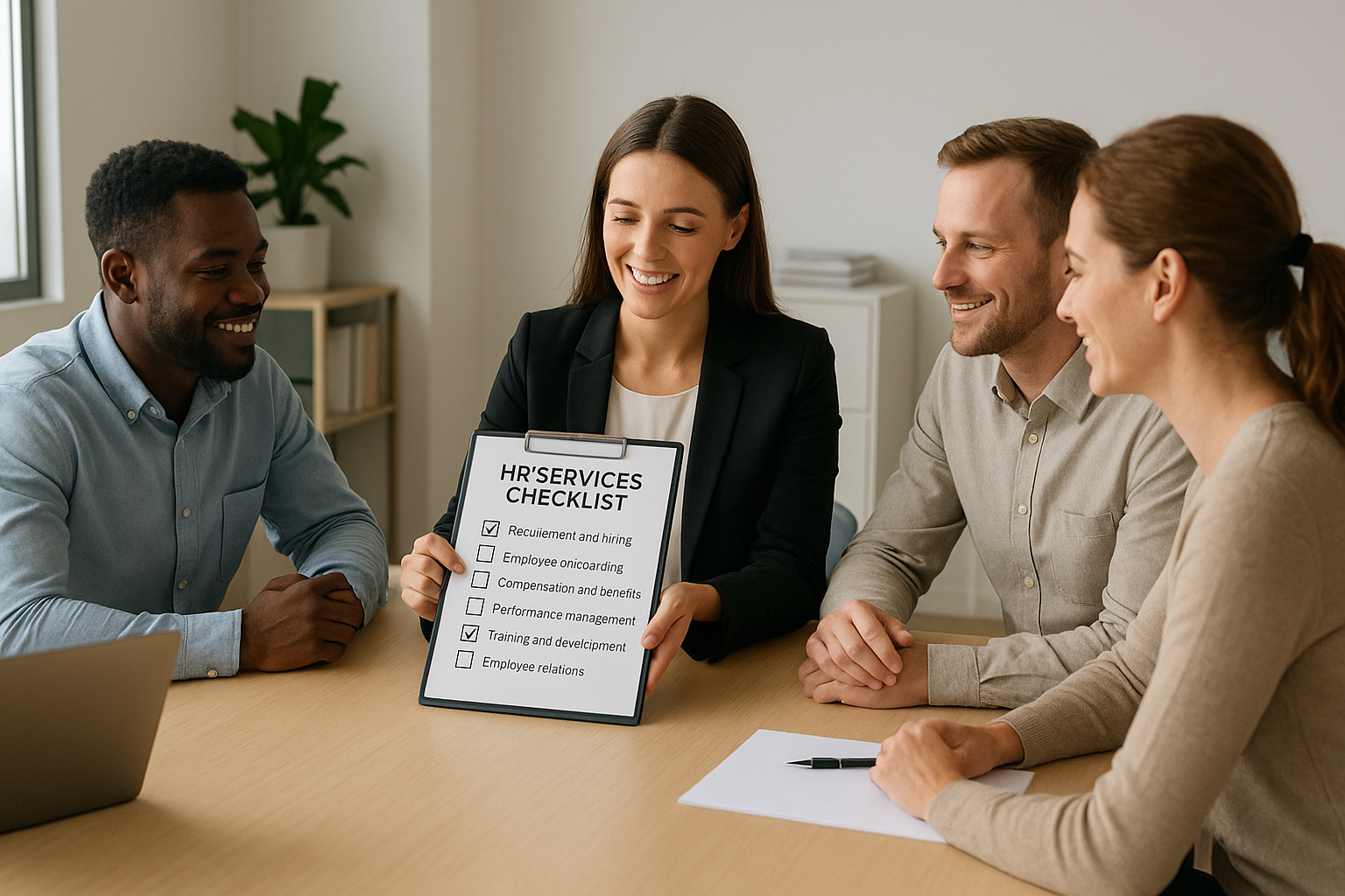 HR consultant reviewing a list of HR consulting services with a small business leadership team
