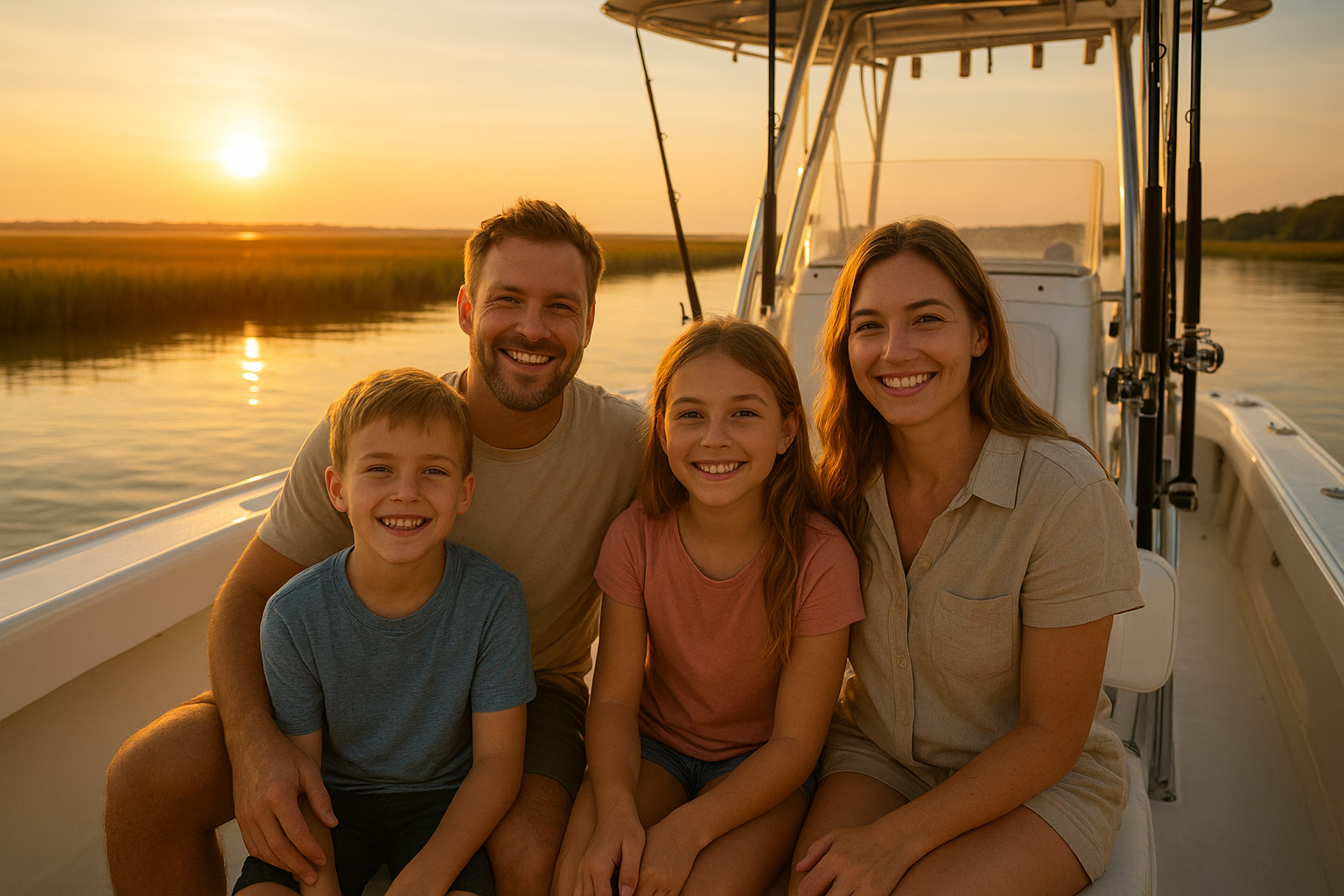 Family enjoying custom fishing trips North Myrtle Beach aboard a private charter boat