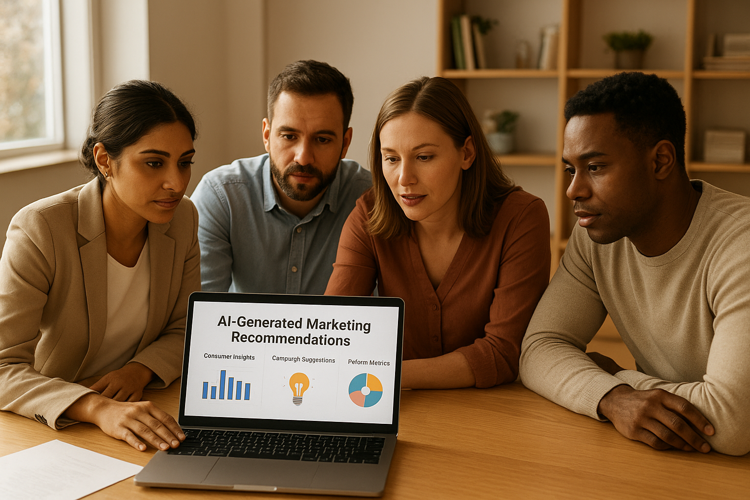 Marketing team reviewing AI-generated content recommendations on a laptop