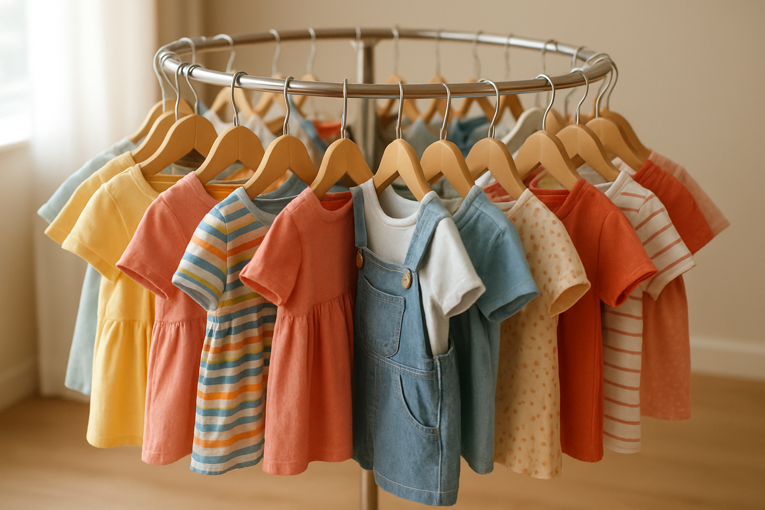 Rotating rack of rented children's outfits in different sizes for growing kids