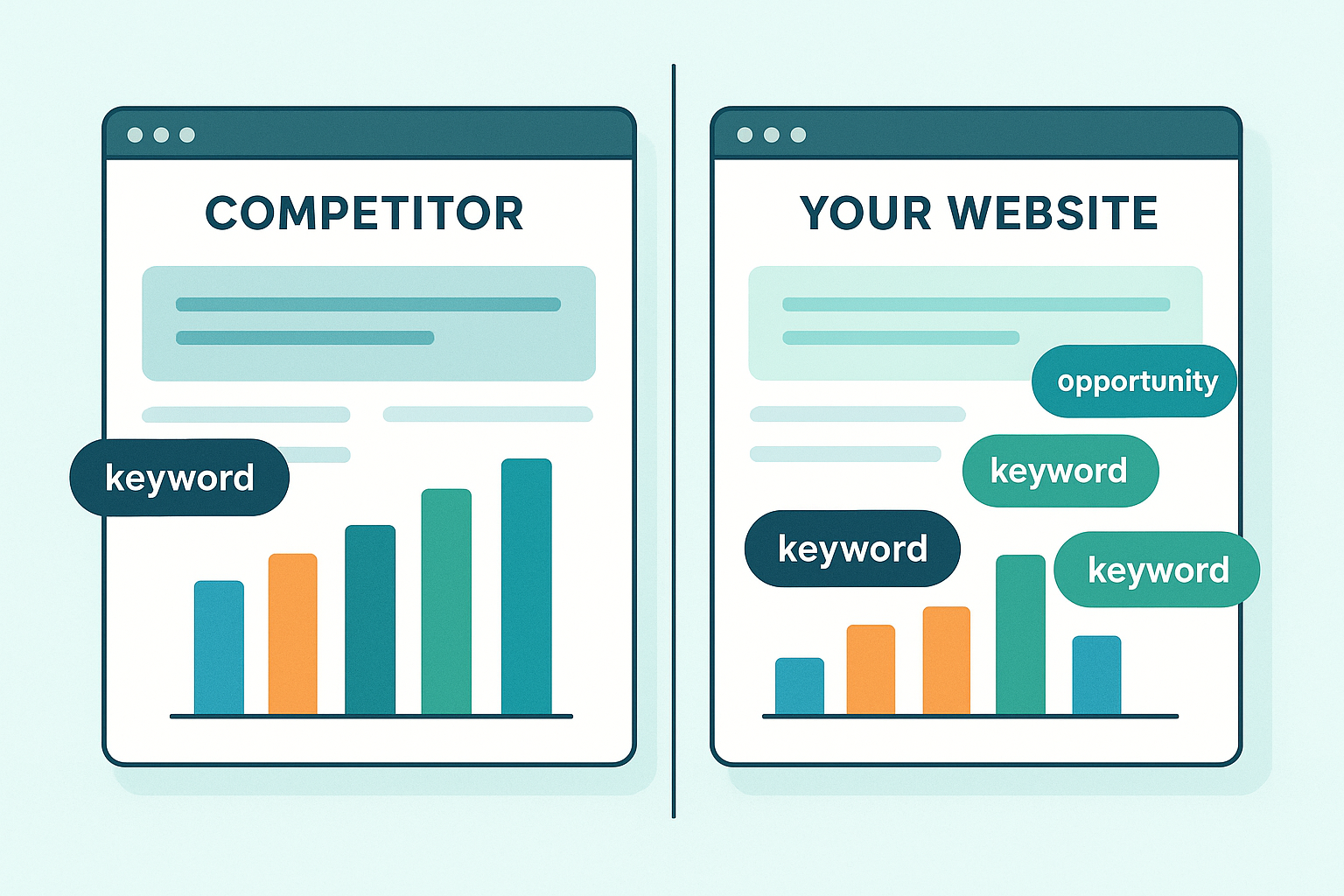 Content gap analysis visualization comparing two websites for SEO keyword opportunities