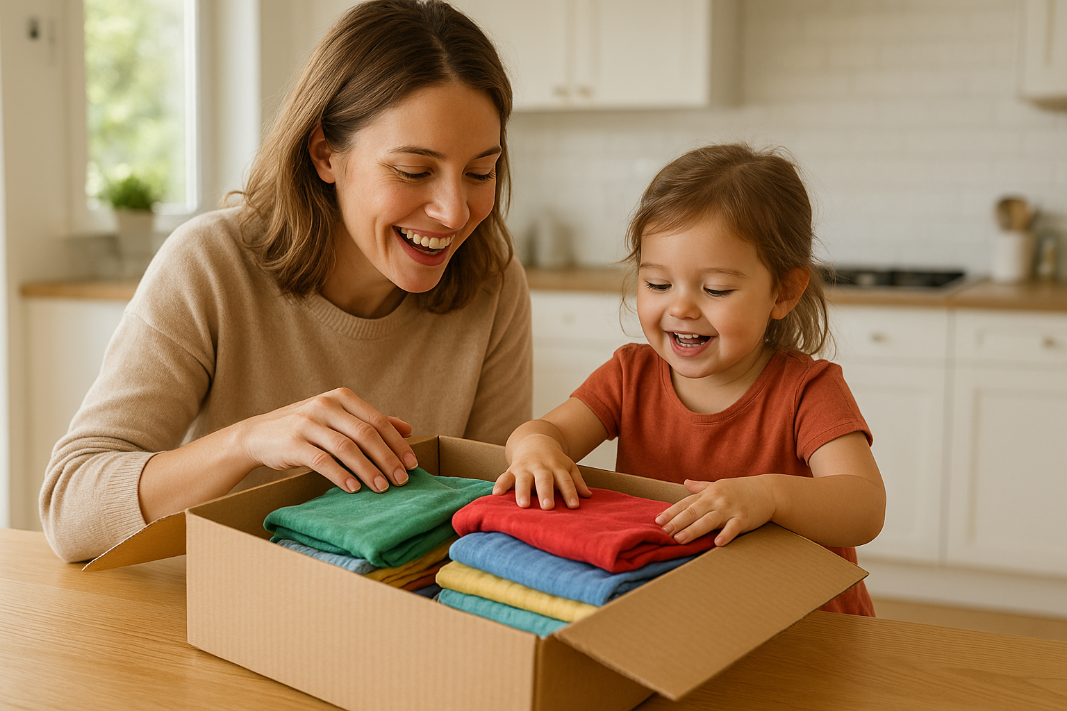 Parent and child unpacking a children's clothing subscription bundle delivered to their home