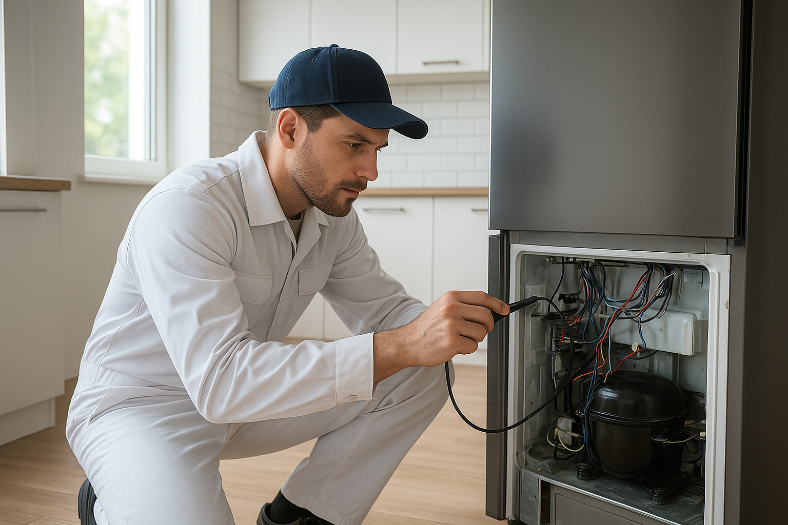 Technician conducting a professional appliance inspection on a refrigerator's internal components