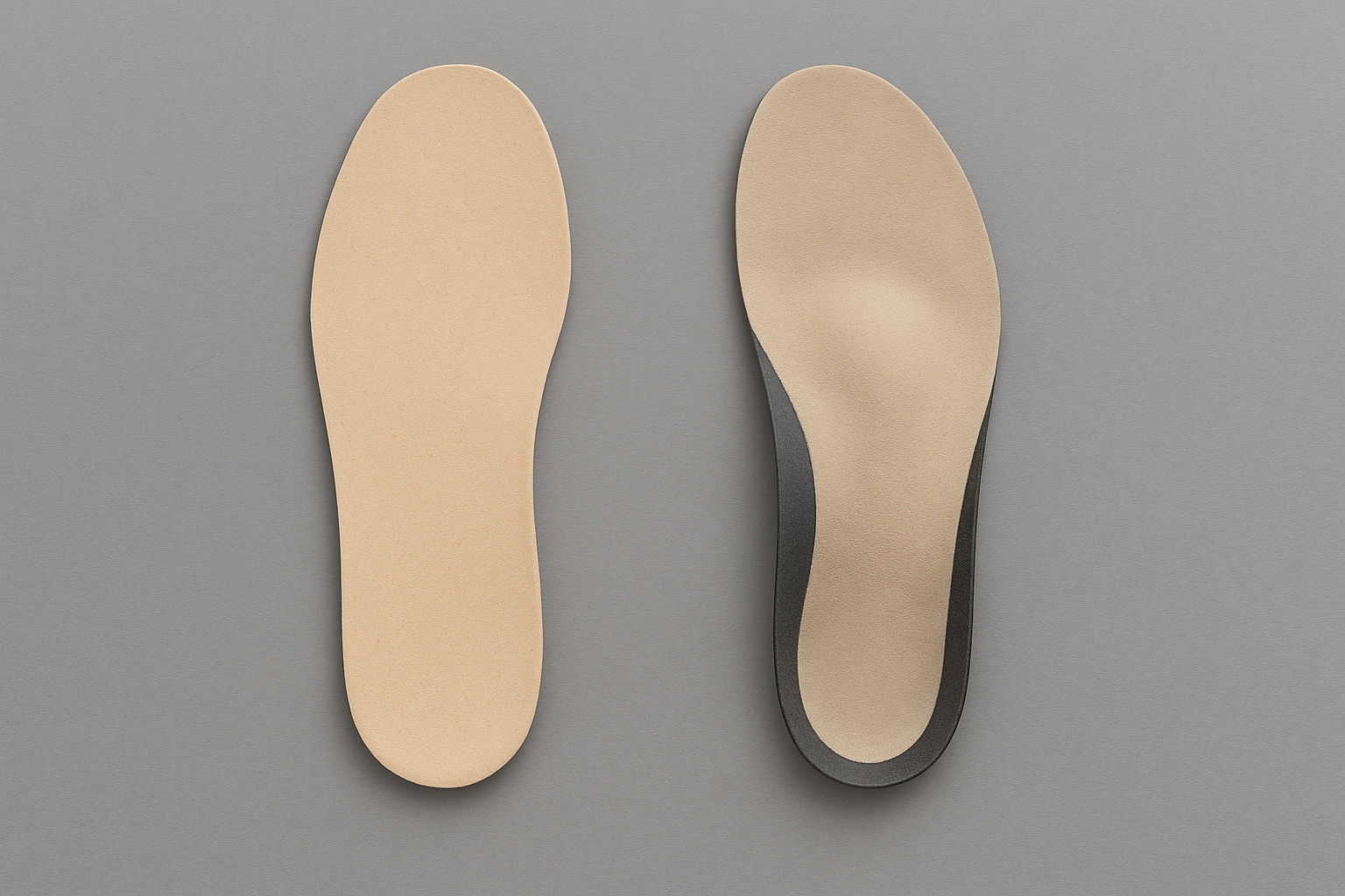 Comparison of a generic flat insole next to a contoured personalized orthotic footbed