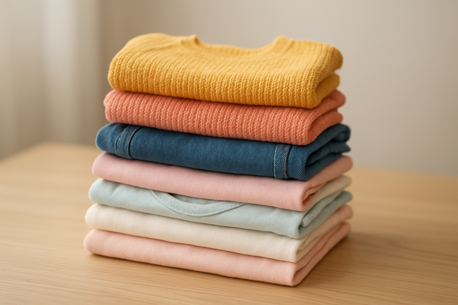 Stack of high-quality rental apparel for kids including sweaters and onesies on a wooden surface