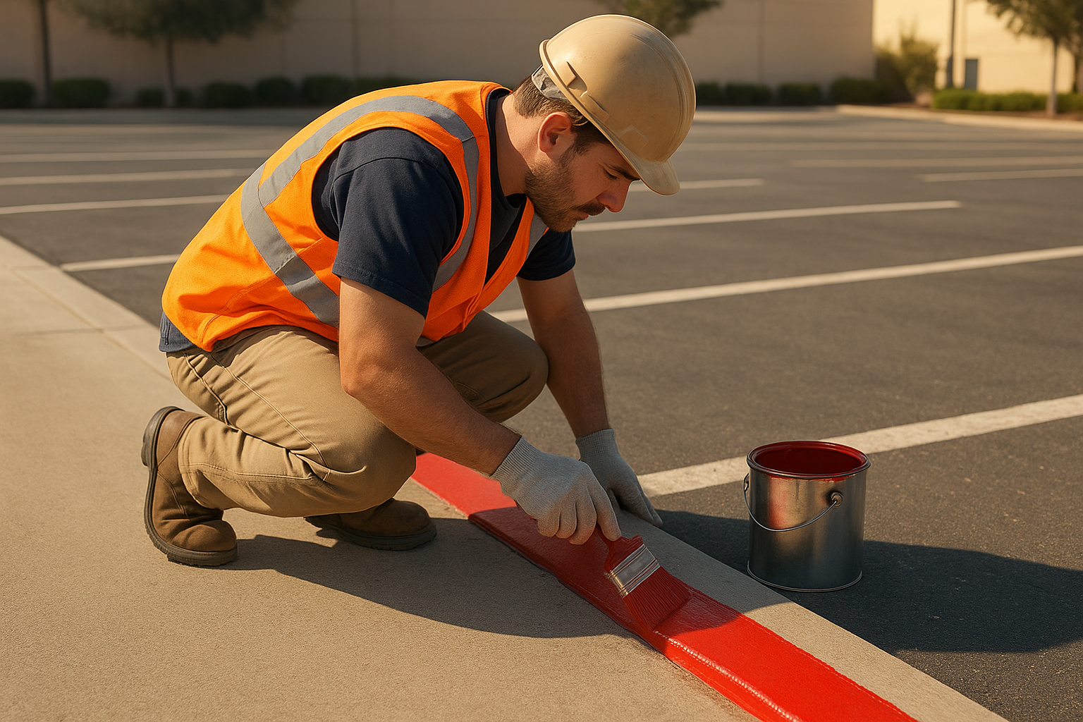 Worker performing fire lane painting denton tx along a curb in a commercial lot