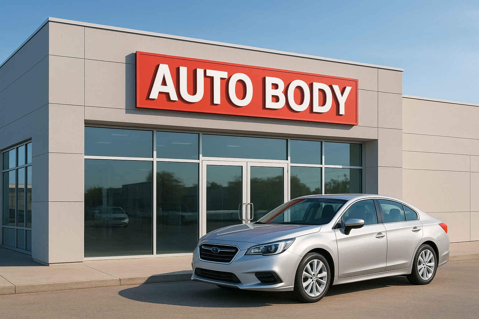 Exterior of a professional import body shop near me with a repaired European car parked outside