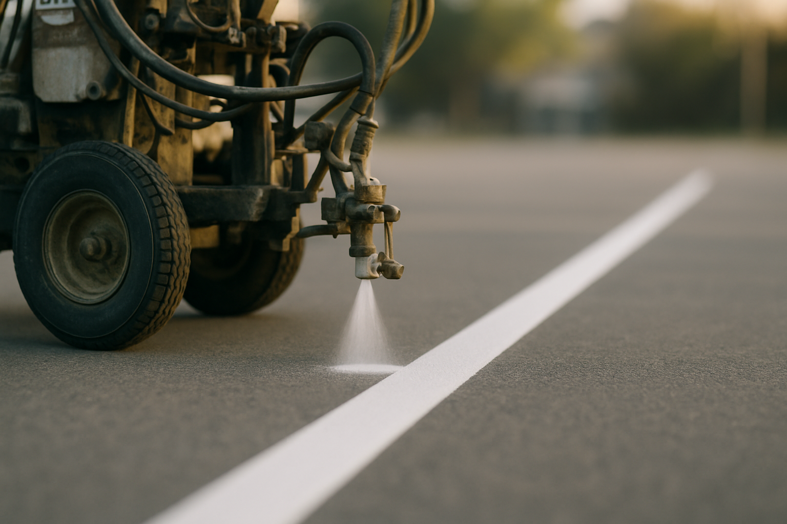 Professional parking lot striping machine applying crisp white paint lines on asphalt during a Dallas commercial lot restriping project