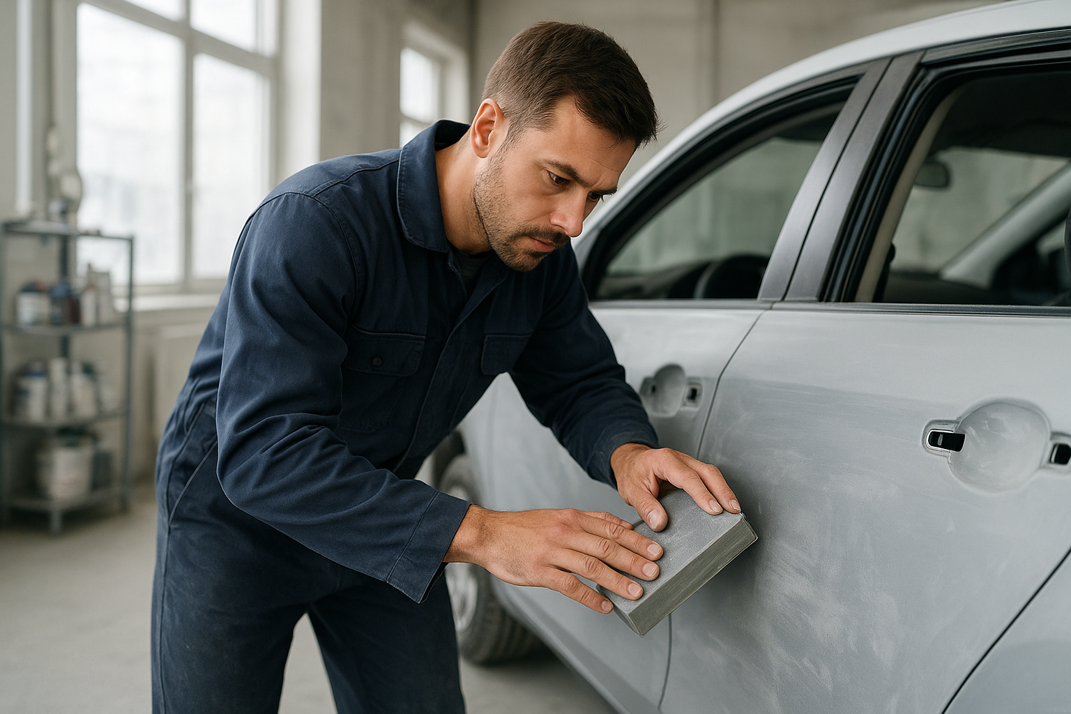 Technician performing comprehensive car restoration Brea services on a vehicle door panel