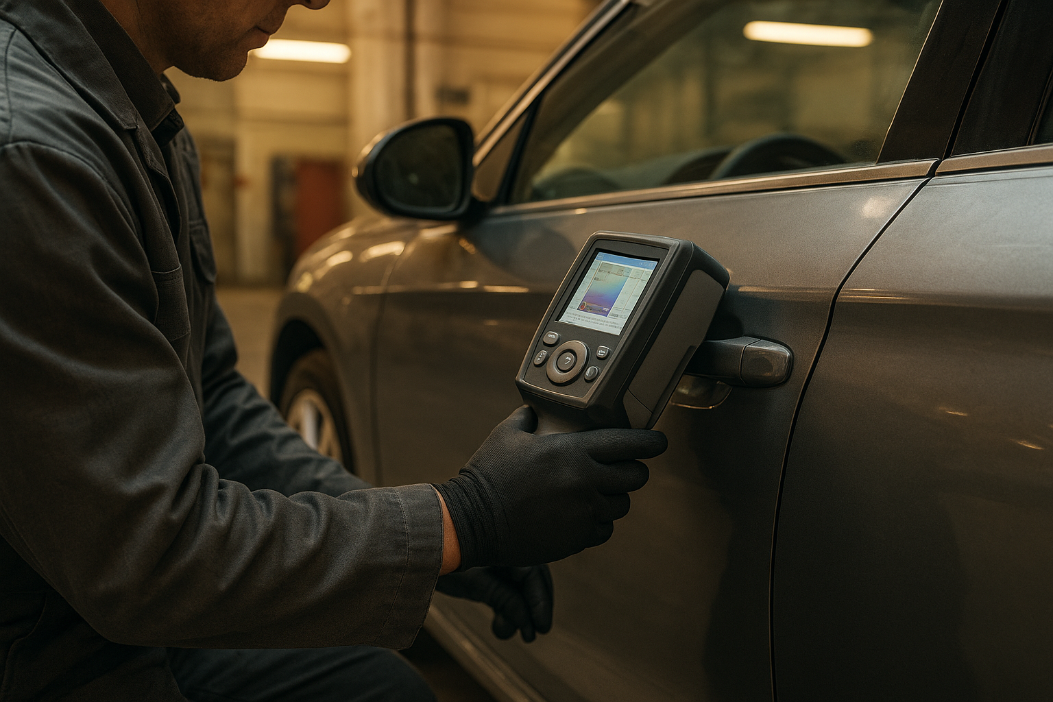 Auto body technician using computerized paint matching equipment during a professional vehicle repair