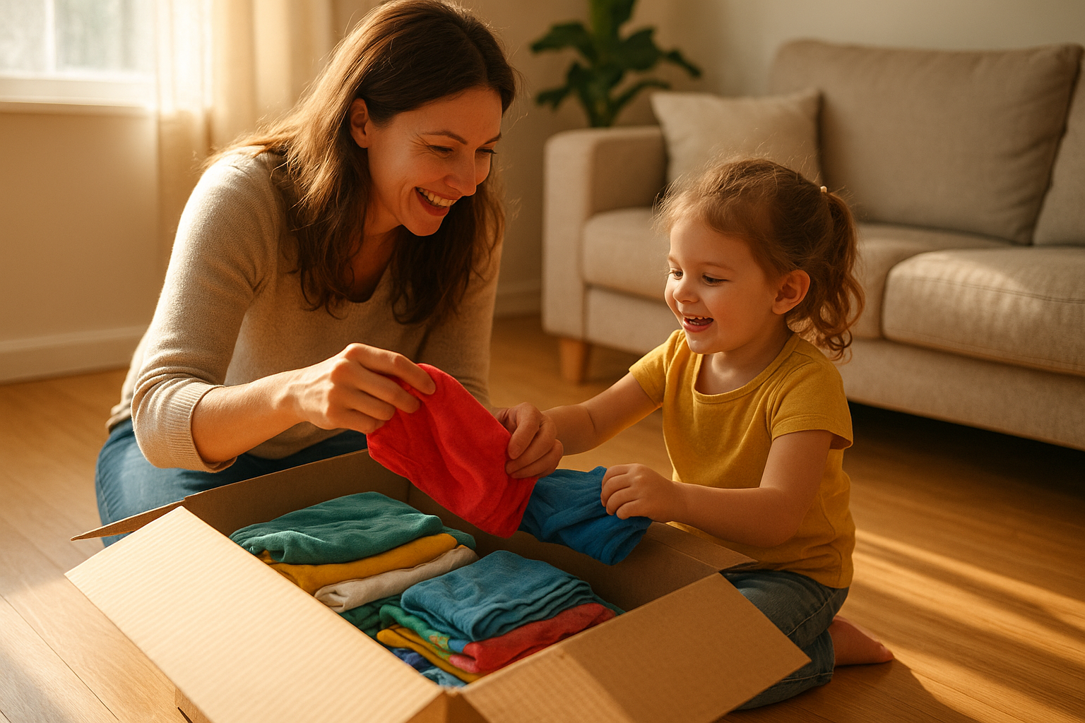 Parent and child unpacking a bundle of swapped kids' clothes received through a clothing exchange