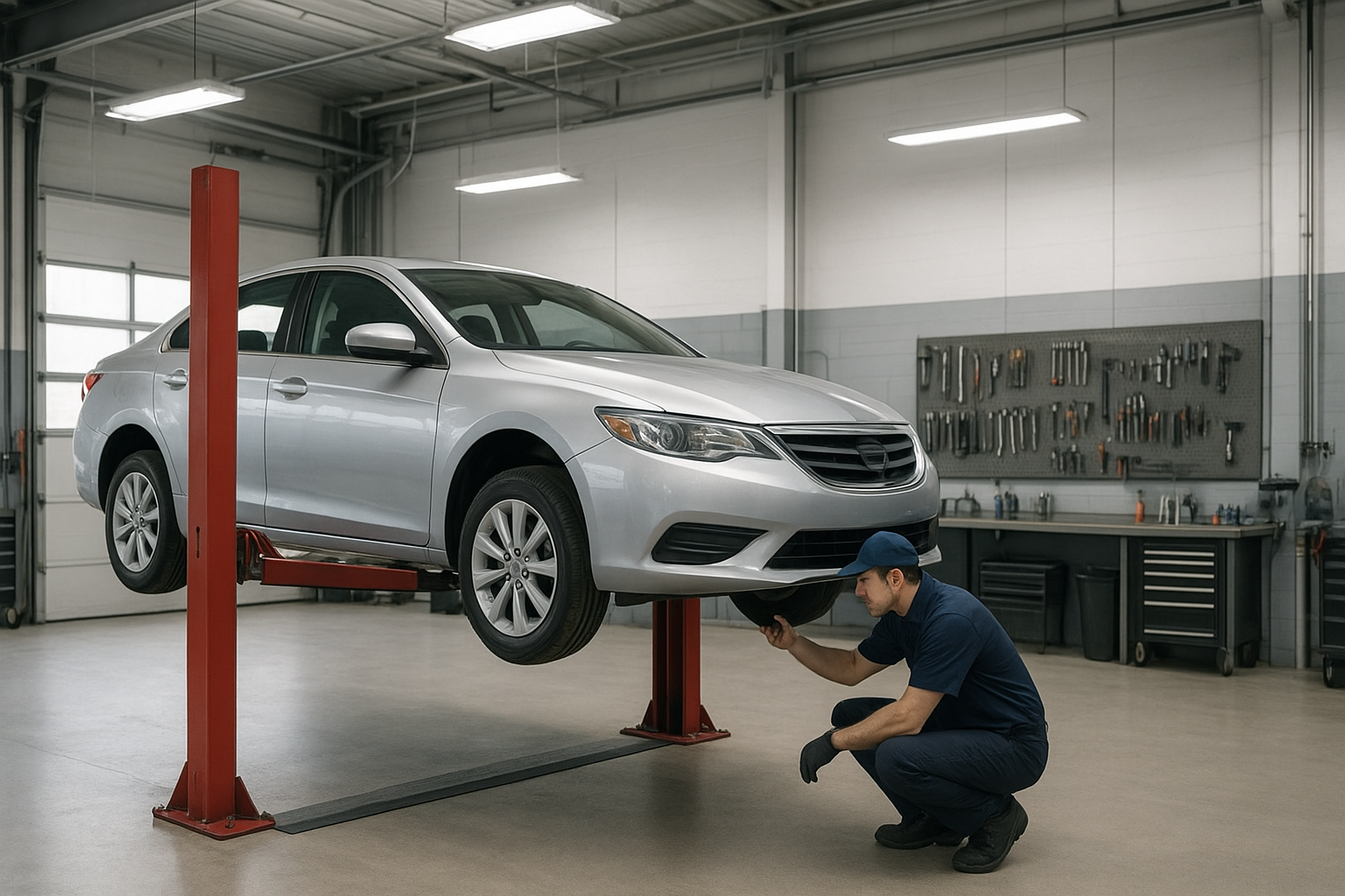Technician inspecting a vehicle during collision repair Orange County CA service in a well-lit shop bay