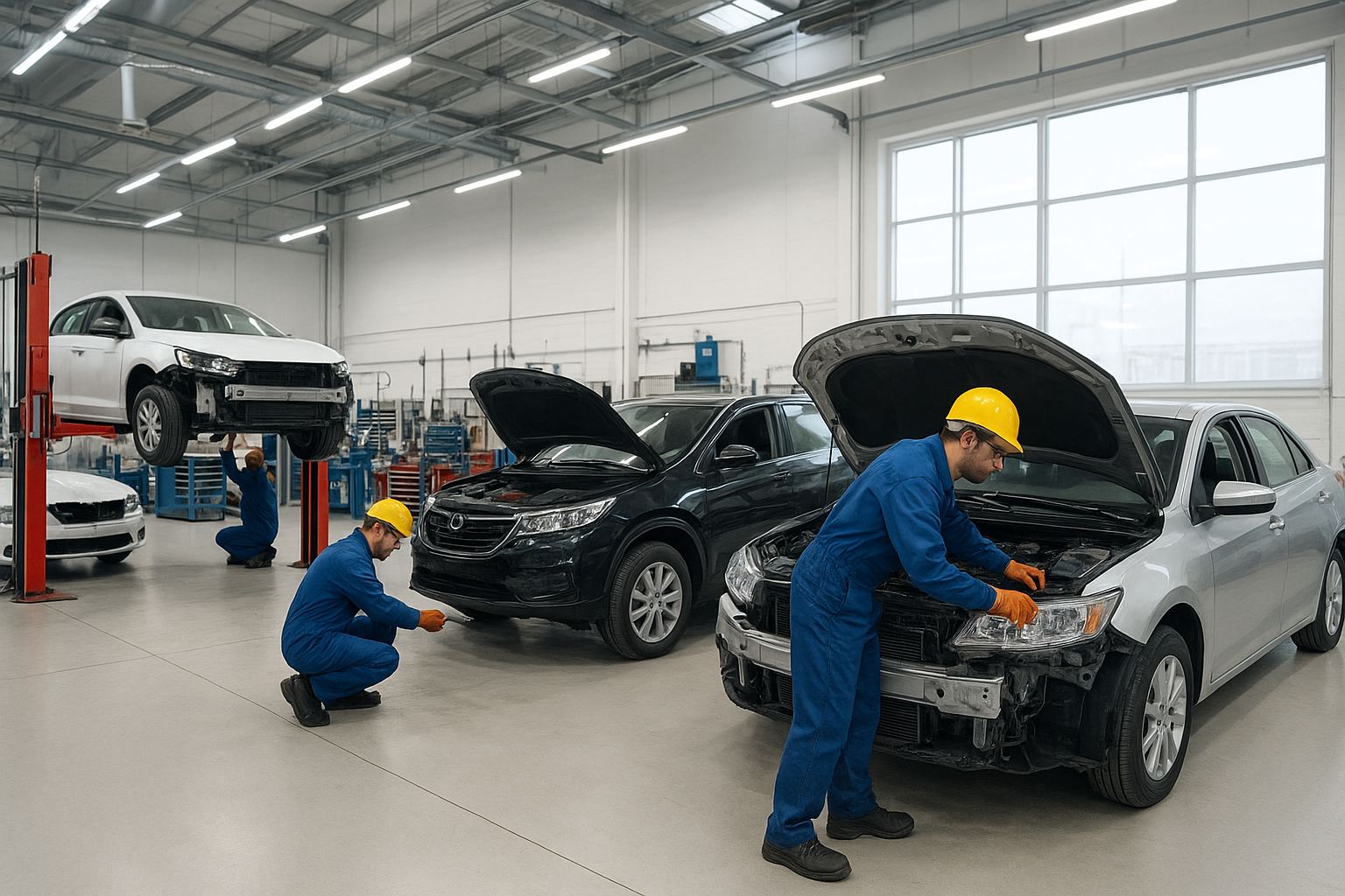 Clean and professional local auto body shop interior with technicians performing vehicle repairs