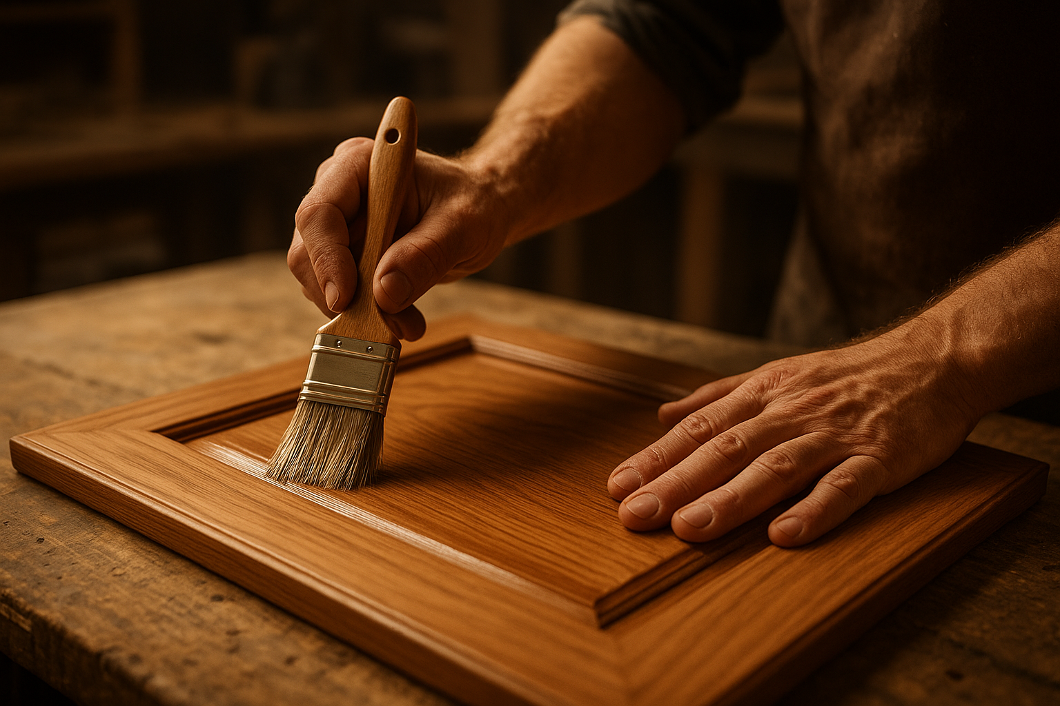Professional craftsman applying a refinishing coat to a kitchen cabinet door