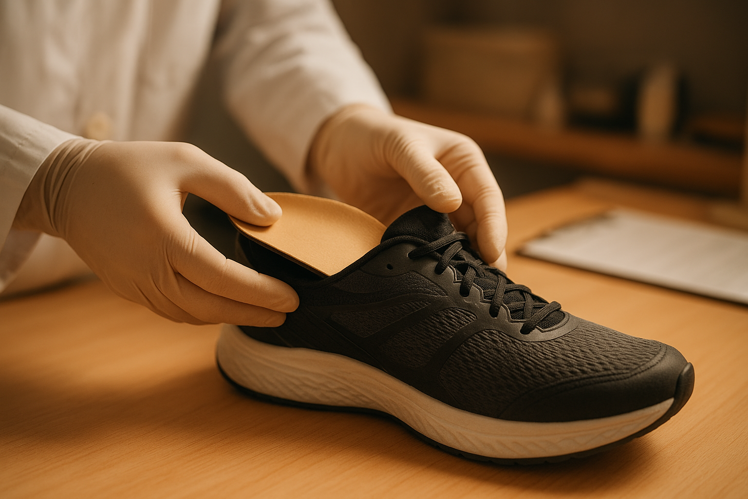 Podiatrist fitting a custom orthotic insole into a patient's shoe