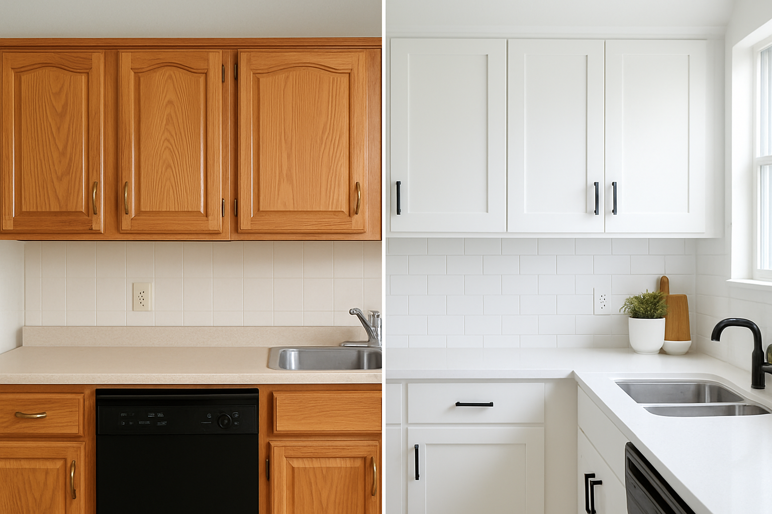 Before and after kitchen cabinet refacing showing updated shaker style following modern cabinet style trends