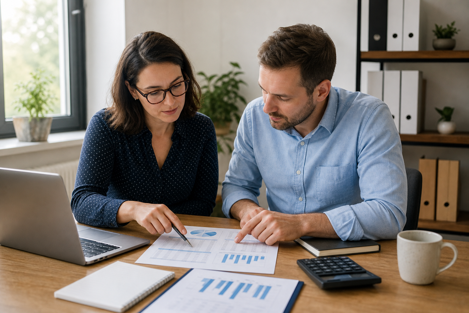 Office team reviewing job profit reports generated by landscape accounting software