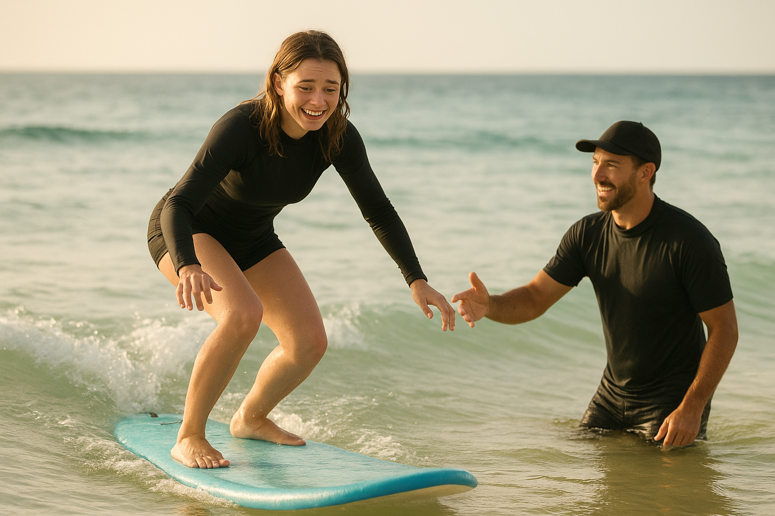 Beginner smiling during surf confidence building lessons Waikiki in shallow turquoise water