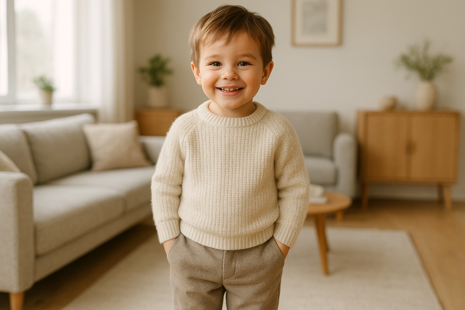 Happy toddler wearing a stylish outfit from a premium children's clothing rental subscription