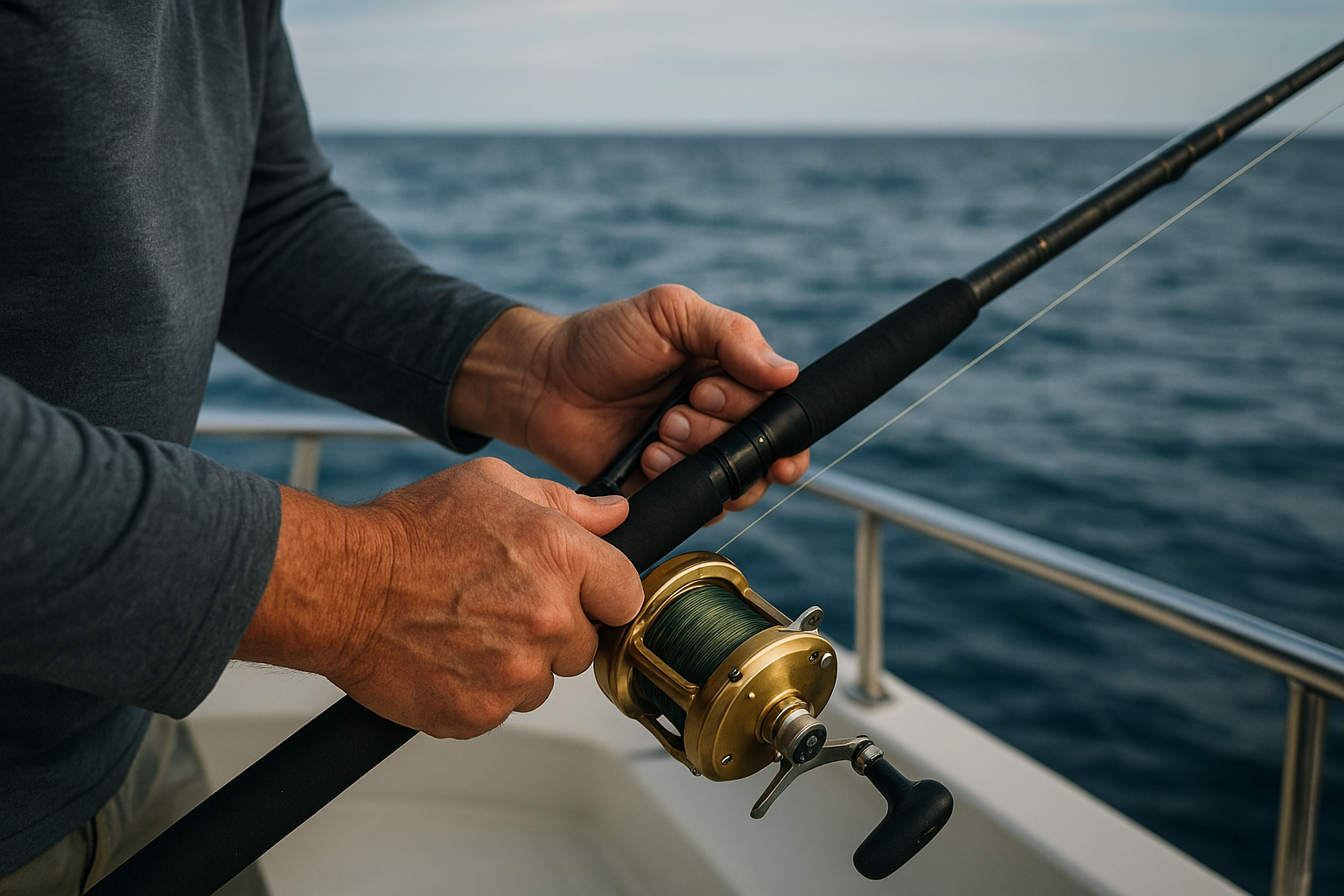 Angler reeling in a catch during an offshore fishing trip off the South Carolina coast